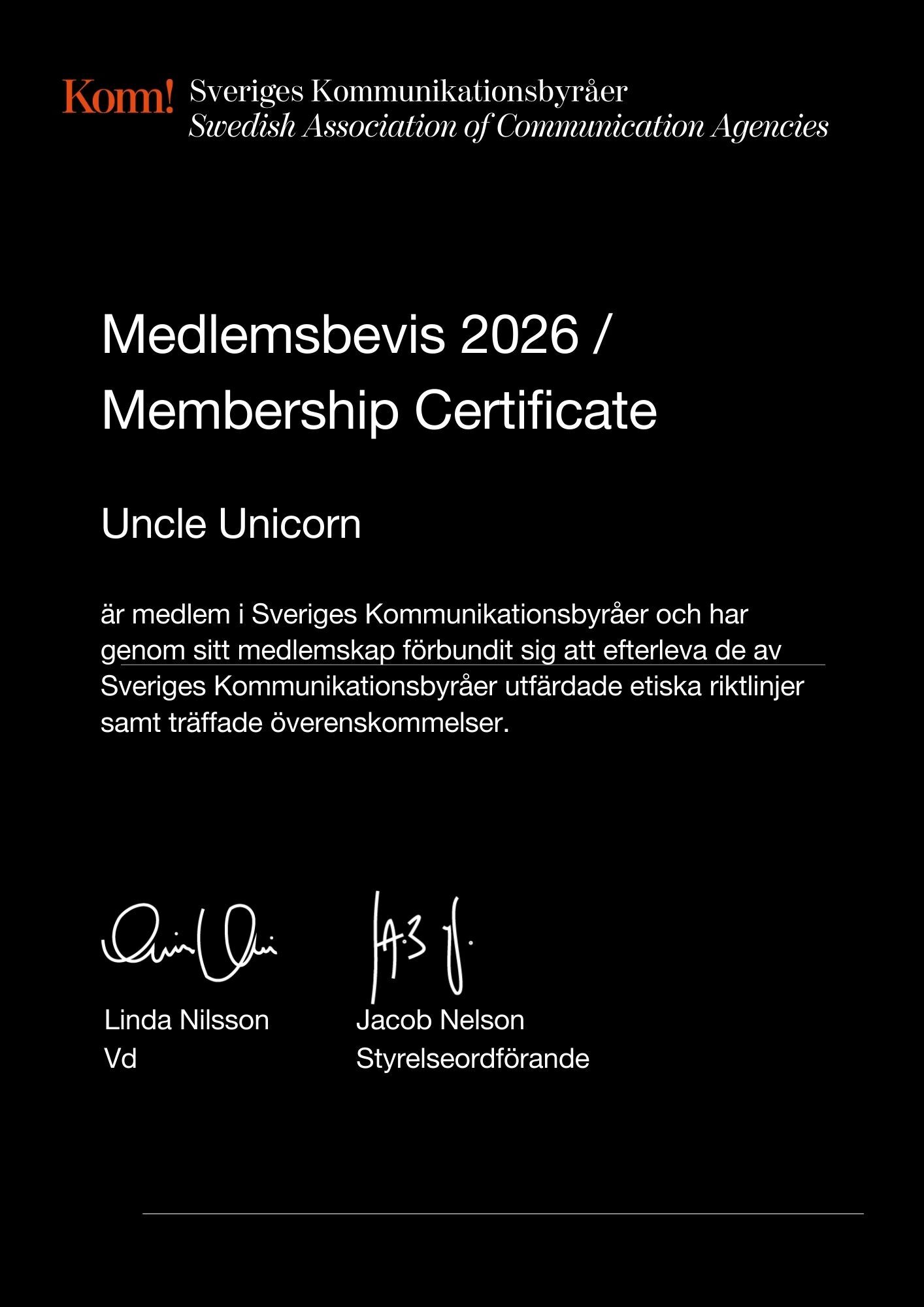 Medlemsbevis Uncle Unicorn
